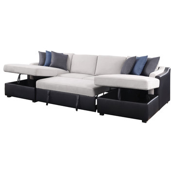 Merill Sectional Sofa With Sleeper , Beige Fabric and Black PU