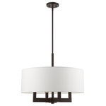 Livex Lighting - Cresthaven 4 Light Bronze With Antique Brass Accents Pendant Chandelier - The Cresthaven collection has a clean, crisp look and contemporary appeal. The hand-crafted off-white fabric hardback shade offers a diffused warm light.  This bronze finish with antique brass finish accents four-light pendant chandelier has sleek exposed angular arms making it tasteful to elevate your style.  Will adapt well in the living room, dining room and bedroom.