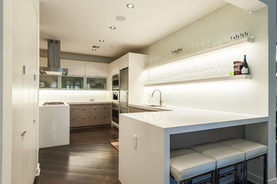 Mid-sized trendy l-shaped dark wood floor eat-in kitchen photo in DC Metro with an undermount sink, flat-panel cabinets, white cabinets, quartzite countertops, white backsplash, stainless steel appliances and an island