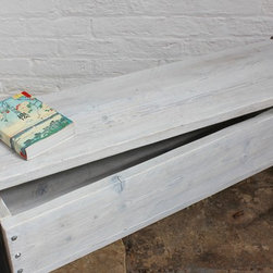 Finizio Reclaimed White Washed Scaffolding Board Low Bench with Angke Iron Perfo - Products