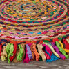 Multicolored Chindi and Organic Jute Fringed Round Rug, 3'6" Round