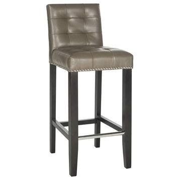 Contemporary Bar Stool, Birch Base With Tufted Seat and Nailhead, Clay/Pu