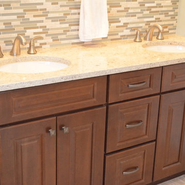 Transitional New Constrn. Guest Bathroom w/ Chocolate Vanity & Spa tile