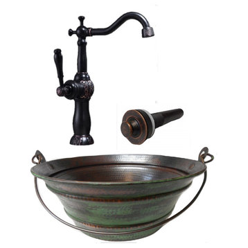 15" Copper Bucket Vessel Bath Sink Green Patina Exterior, ORB Faucet & Drain