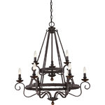 Quoizel - Noble 9-Light Chandelier in Rustic Black - Classic and timeless Noble is a nod to European design. The speckled Rustic Black features many dark tones combined to create a roughly textured finish on the surface that highlights every mark of the hammered metal. The candelabra holders are made of solid wood and stained a dark walnut to coordinate with the overall theme of old world style and charm.  This light requires 9 , 60W Watt Bulbs (Not Included) UL Certified.