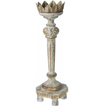 Candleholder Candlestick Gold Accents White Distressed Wood Car