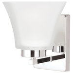 Generation Lighting Collection - Bayfield 1-Light Wall/Bath Sconce, Chrome - The Sea Gull Lighting Bayfield one light wall sconce in chrome is an ENERGY STAR qualified lighting fixture that uses fluorescent bulbs to save you both time and money. The Bayfield bath collection by Sea Gull Lighting delivers simplicity with flair. The transitional design is a subtle combination of clean lines and flared, angular Satin Etched glass shades to bring style and warmth to the bathroom no matter the budget. Offered in Chrome, Burnt Sienna and Brushed Nickel finishes, the bath lighting collection offers one-light, two-light, three-light and four-light vanity fixtures. Both incandescent lamping and ENERGY STAR-qualified LED lamping are available; all fixtures are California Title 24 compliant.