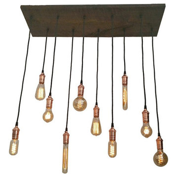 10 Pendant Reclaimed Wood Chandelier, Copper, Mixed Antique Bulbs