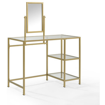 Contemporary Vanity Table, Glass Top & Adjustable Tilted Mirror, Gold, No Stool