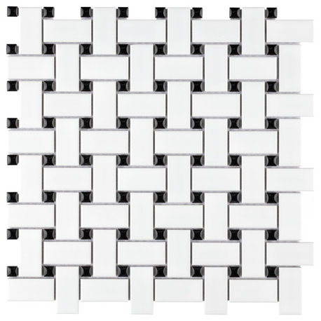 Metro Basketweave Matte White Black Dot Porcelain Mosaic Floor and Wall Tile