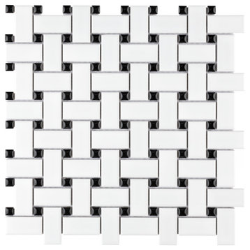 Metro Basketweave Porcelain Mosaic Floor and Wall Tile, Matte White With Black Dot