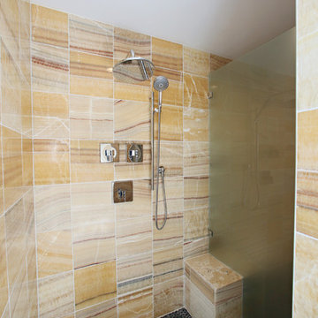 Warm Shower Bathroom with Patterned Shower Door Glass