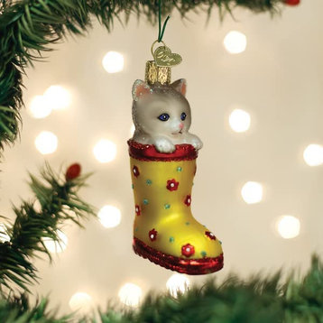 Old World Christmas Hanging Glass Tree Ornament, Kitten in Rain Boot
