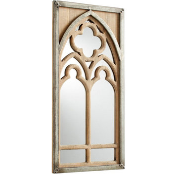 Vintage Windowpane Wall Mirror in Natural Wood Finish Rectangular Metal and
