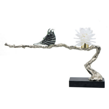 Sitting Bird on Branch Decorative Object or Figurine, Silver/Black, 24.5"