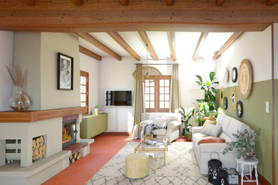 Cette photo montre un salon de taille moyenne avec un mur vert, tomettes au sol, une cheminée standard, un manteau de cheminée en plâtre et poutres apparentes.