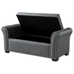Inspired Home - Veber PU Leather Nailhead Trim Storage Ottoman Bench, Gray - Our PU leather storage bench combines functionality and style for your living room or bedroom. This multipurpose piece can be an ottoman, seating in your living room, or functional dressing chair at foot of your bed. It exudes comfort and convenience on a daily basis. Featuring smooth rich PU leather, silver decorative nail head trim, comfortable high density foam seating, a spacious hidden storage compartment with an adjustable safety hinged storage lid, making it kid friendly and perfect for keeping books, magazines and other trappings out of sight. This modern accent piece blends harmoniously with any home furnishing and decor.FEATURES: