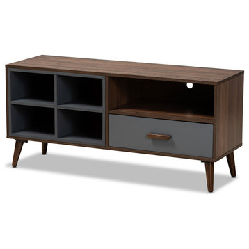 Kosen Modern Contemporary Two-Tone Gray and Walnut Brown Wood 1-Drawer TV Stand