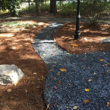 Slate Chip Path & Seating Area, Wooden Benches, Ornamental Mossy Boulders