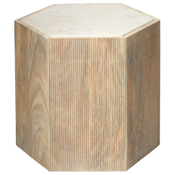 Large Argan Hexagon Table, Natural Wood and White Marble