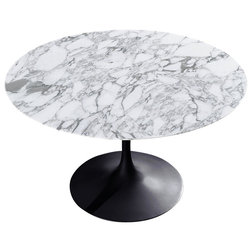 Midcentury Dining Tables Round Saarinen Table, 54", Arabescato Coated Marble, Black Base