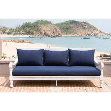 Patio Daybed Sofa, Carved Acacia Wood Frame & Cushioned Seat, Antique White/Navy