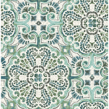 Florentine Tile Pattern Wallpaper, Green, Bolt