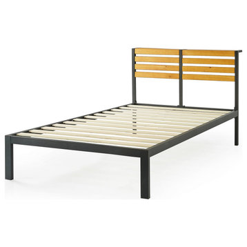 Modern Platform Bed, Metal Frame With Slatted Paneled Pine Wood Headboard, Queen