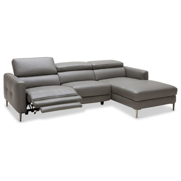 Modern Slate Leather Reno Sectional With Power Recliner Seat, Right Chaise