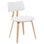 Armen Living - Jaguar Mid-Century Dining Chair, White Boucle and Patterned Oak - Elevate your dining space with the sleek sophistication of the Jaguar Mid-Century Upholstered Dining Chair. Designed for those who appreciate timeless design and modern comfort, this chair blends smooth contours with quality craftsmanship to create a versatile piece that stands out in any room. Whether you're outfitting a cozy apartment dining nook or adding stylish functionality to a larger setting, the Jaguar chair delivers both form and function with ease. The Jaguar features a gently curved seat and backrest upholstered in high-quality performance fabrics or smooth faux leather, tailored to suit a variety of decor styles'from mid-century modern to contemporary minimalist. The open-back detail not only adds a sculptural element but also promotes airflow and easy movement, keeping the design light and inviting. A generously padded seat and ergonomically angled back provide excellent support for long meals, casual gatherings, or focused work sessions at a desk. Built on a durable wood frame, each chair rests on flared legs available in finishes like Walnut, Black Brushed, or Patterned Oak, offering warmth and contrast depending on your selection. Upholstery options now include Gray, Brown, Cream, Light Blue, and White Boucle, providing fresh textures and tones to personalize your space. Whether placed around a formal dining table, casual kitchen setup, or used as a stylish accent chair in your office, the Jaguar Dining Chair promises long-lasting comfort, visual appeal, and easy integration into modern living.