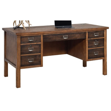 Rustic Desk, Rough Sawn Texture & Plank Top With Drop Front Drawer, Brown Finish