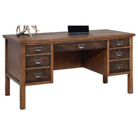 Charming Rustic Pedestal Desk, Rough Sawn Texture, Plank Top, Brown Finish