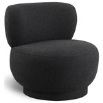 Meridian Furniture - Calais Accent Chair, Black, Upholstered Base - Wow guests with contemporary panache with the addition of this Calais boucle fabric accent chair to your bedroom, living room, or elsewhere. This lovely chair features a mid-century modern design that makes it take on an artsy feel that's bound to be noticed by all who happen by (or stop and sit). The rich black boucle fabric and matching upholstered black base adds a definitive sturdiness which makes it an inviting seat to take a load off at day's end.