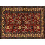 Bareens Designer Rugs - Rustic Super Kazak Karlyn Red/Beige Wool Rug - 4'1'' x 5'10'' - Embellish your home with this exquisitely hand-knotted Kazak Rug made with the finest hand spun wool and all vegetable dyes. Demonstrating incredible attention to detail, this hand-knotted masterpiece features an intricate Kazak pattern in a classic color palette. Made in the Caucasian designs from Russia and the northern Persian empire, each Kazak incorporates distinctive tribal flavor with elements such as the stepped hooted polygons, geometrical medallions, animals and rosettes. The straight, clean lines and bold tones embody the weaving style of the Armenian and Afghani weavers known for these iconic designs. This magnificent rug featuring soft luscious pile and is made with handspun wool and natural dyes to produces soft luminous shades causing a beautiful sheen. With geometric designs and bold vibrant saturated colors predominately blues, reds, greens, and gold make a bold statement in any decor. The construction technique used ensures that the designs and colors Ae capable to withstand heavy traffic area.