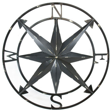 20 Inch Distressed Metal Compass Rose Nautical Wall Decor Indoor Outdoor, Black