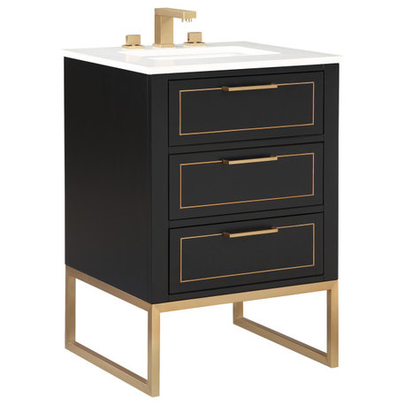 Markham Bathroom Vanity, Midnight Black/Satin Brass, 24", Calacatta Quartz Top
