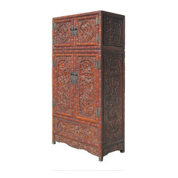 Chinese Antique African Rose Wood Ru-Yi Foo Dog Carving Stack Cabinet - Accent Chests And Cabinets
