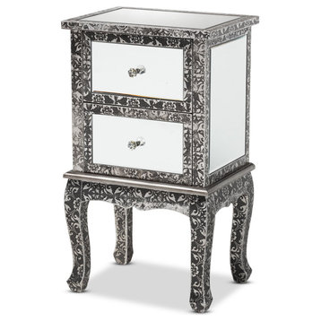 Contemporary End Table, Mirrored Design With Industrial Accents & 2 Drawers