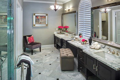 Mid-sized transitional master white tile and stone tile marble floor double shower photo in Houston with an undermount sink, furniture-like cabinets, black cabinets, marble countertops and gray walls