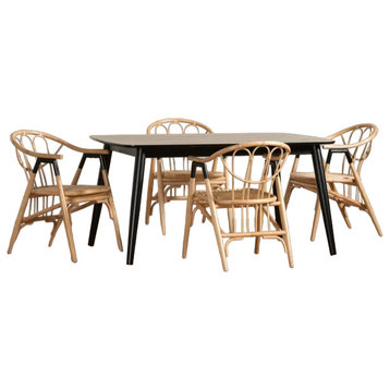 5 Pieces Dining Set, Rubberwood Table & 4 Rattan Chairs With Curved Backrest