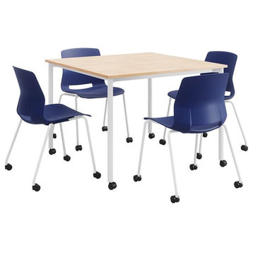 KFI Dailey 42in Square Dining Set - Natural/White Table - Navy Chairs w/Casters