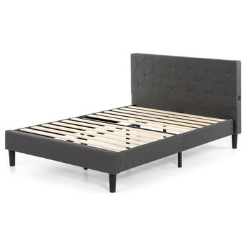 Modern Platform Bed, Diamond Button Tufted Gray Headboard With USB Ports, Queen