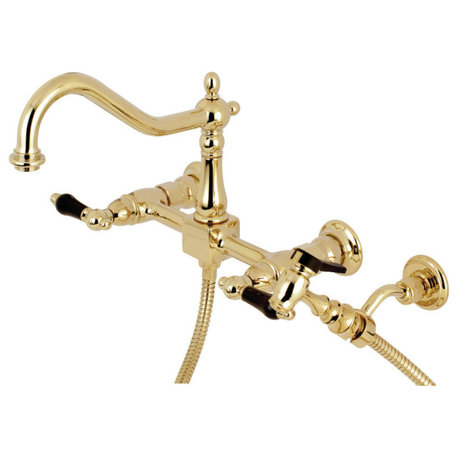 Kingston Brass Wall Mount Bridge Kitchen Faucet w/Brass Sprayer, Polished Brass