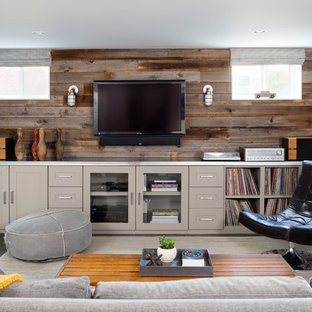 Modelo de sótano con ventanas retro, de tamaño medio, sin chimenea, con suelo de baldosas de cerámica