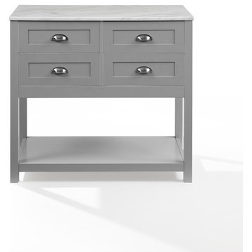 Unique Kitchen Cart, Bottom Shelf & Multiple Drawers With Faux Marble Top, Gray