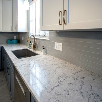 Two Tone Medallion White and Blue Kitchen with Gray Backsplash