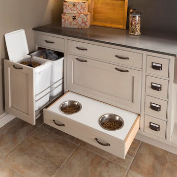 Cabinet Interior Features for Pet Food Storage and Bowls