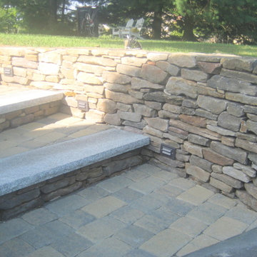Flat Fieldstone Walls, Cape Cod Paver Platforms and Walkway, w/ Accent Lighting