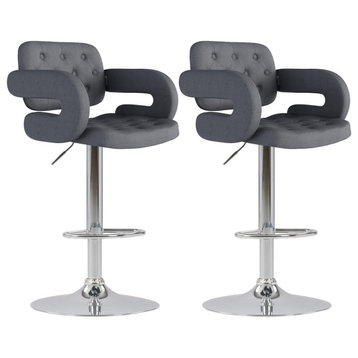 Adjustable Tufted Oatmeal Fabric Barstool With Armrests, Set of 2, Dark Gray