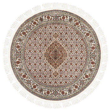 Hand Knotted Ivory Wool And Silk Fish Medallion Design Tabriz Mahi Rug, 4'x4'